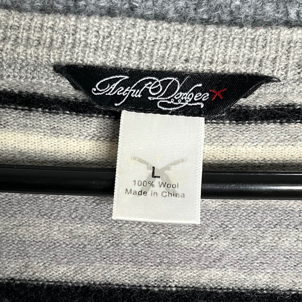Artful Dodger Mens Grey Striped 100% Wool V-Neck Button Front Cardigan Sweater L - Picture 3 of 7